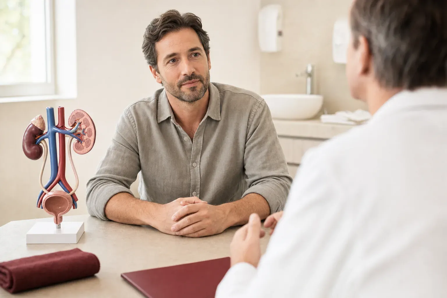 A man at a urology consultation, with a model of the kidneys and bladder on the desk