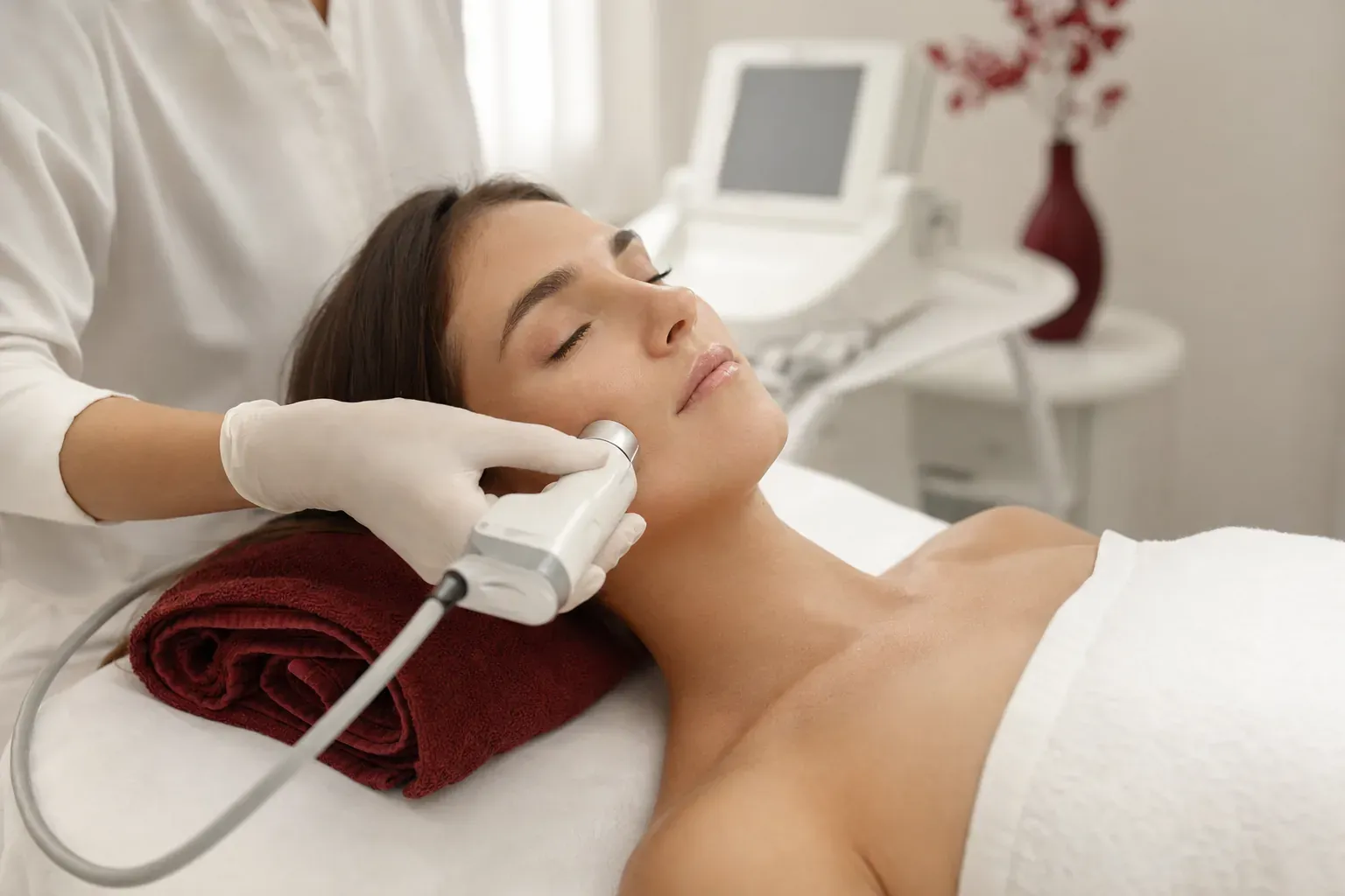 A cosmetologist moves a handheld ultrasound device over a woman’s cheek