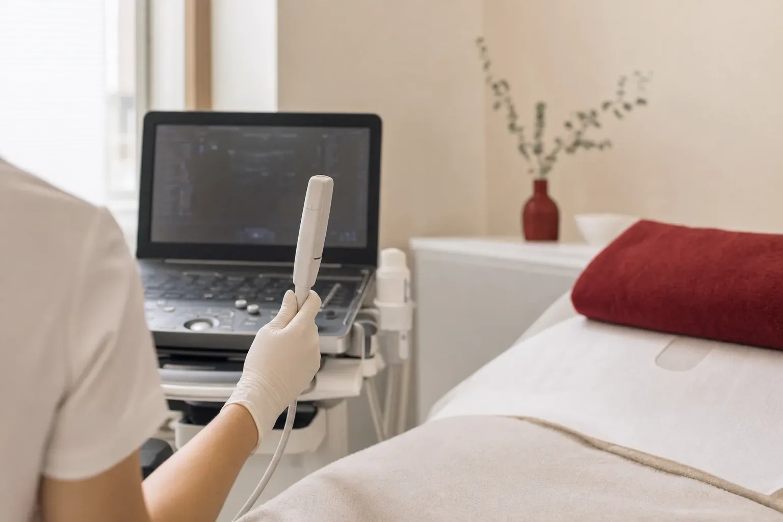 A doctor holds an ultrasound probe next to an ultrasound machine