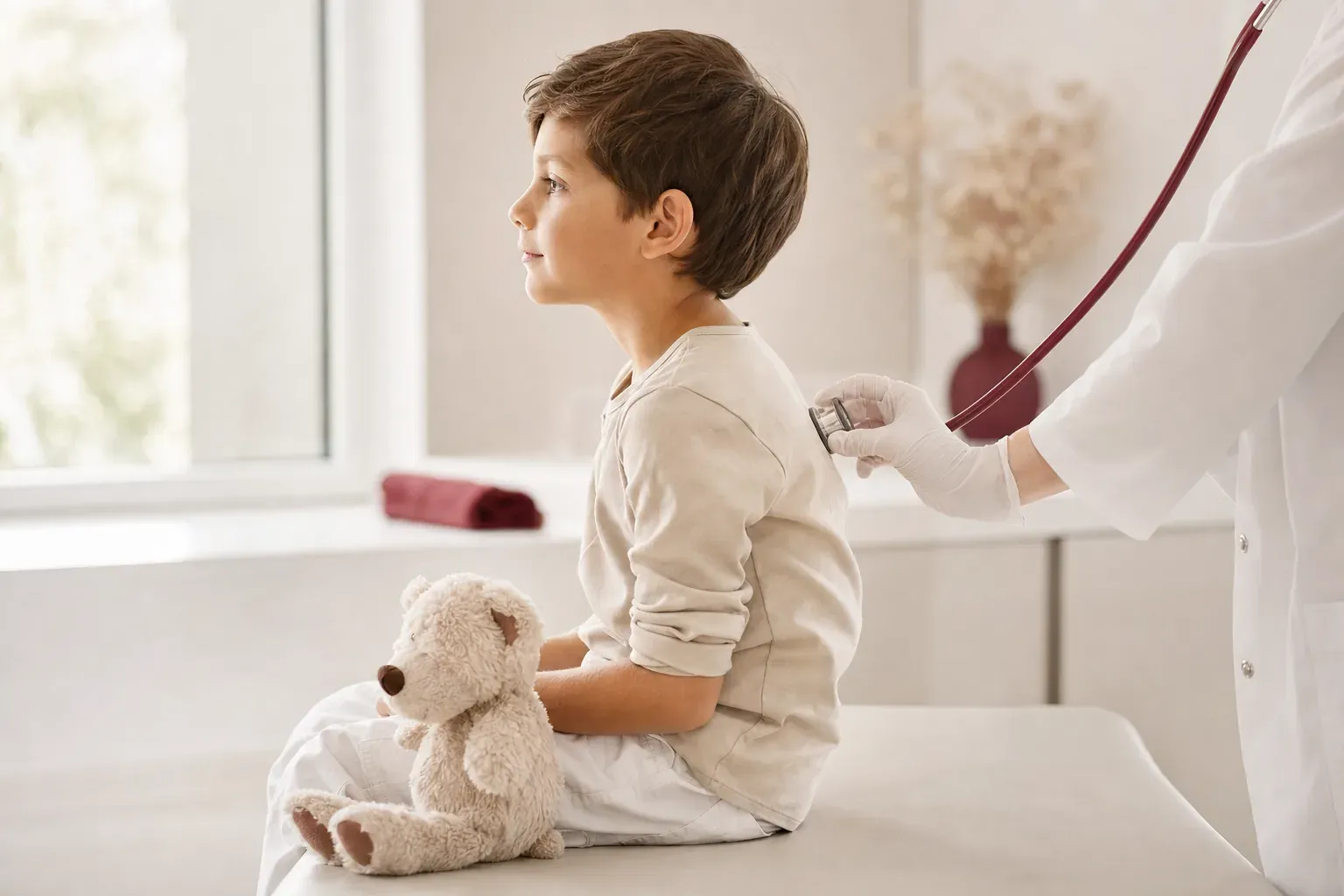 A pediatrician listens to a boy sitting on a couch with a stethoscope
