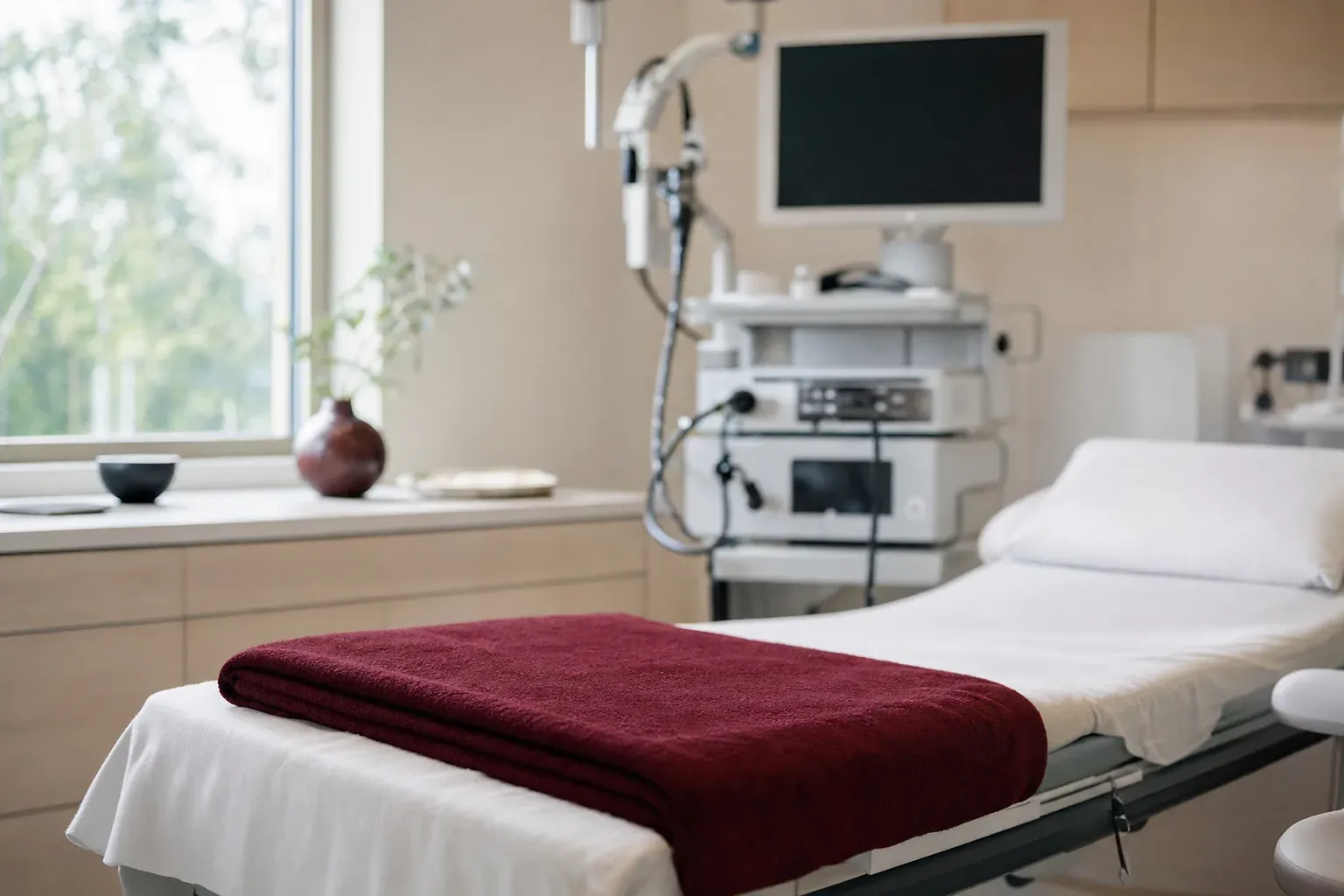 An endoscopy room with a made-up couch and an endoscopy tower