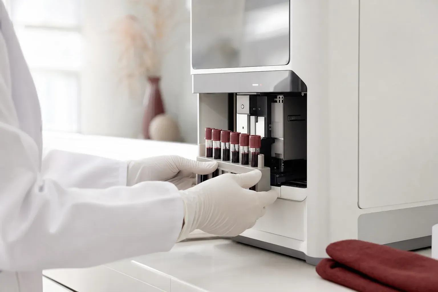 A lab specialist places a rack of blood tubes into a hematology analyser