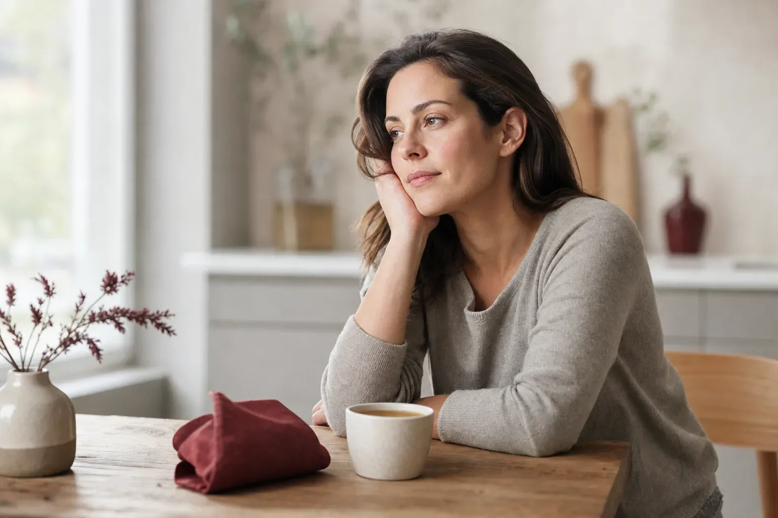 A tired woman sits at a kitchen table with a cup of tea