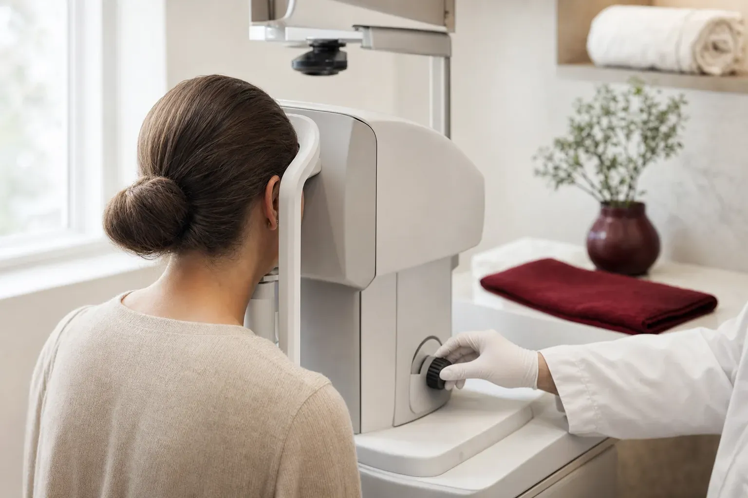 A non-contact tonometer for measuring eye pressure in an ophthalmology room