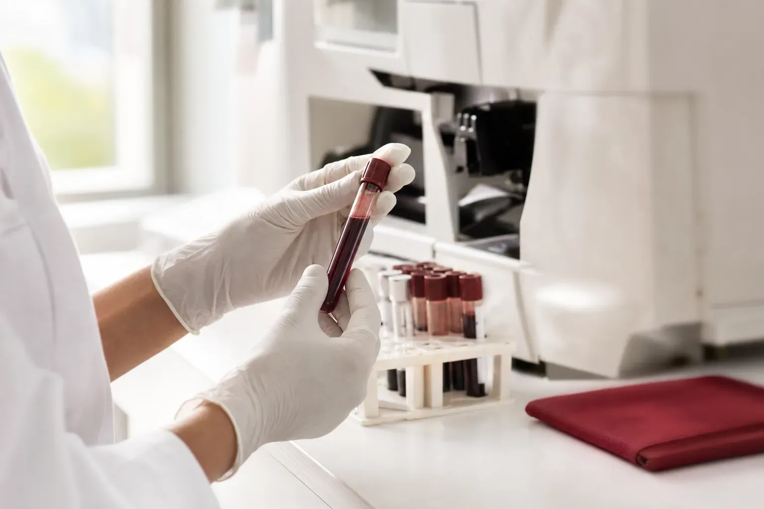 A lab specialist holds a blood sample tube next to an analyser