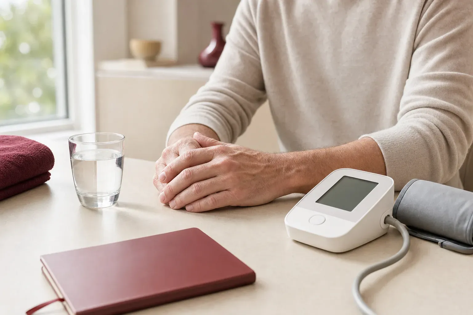 A man’s hands next to a blood pressure monitor, a glass of water and a notebook