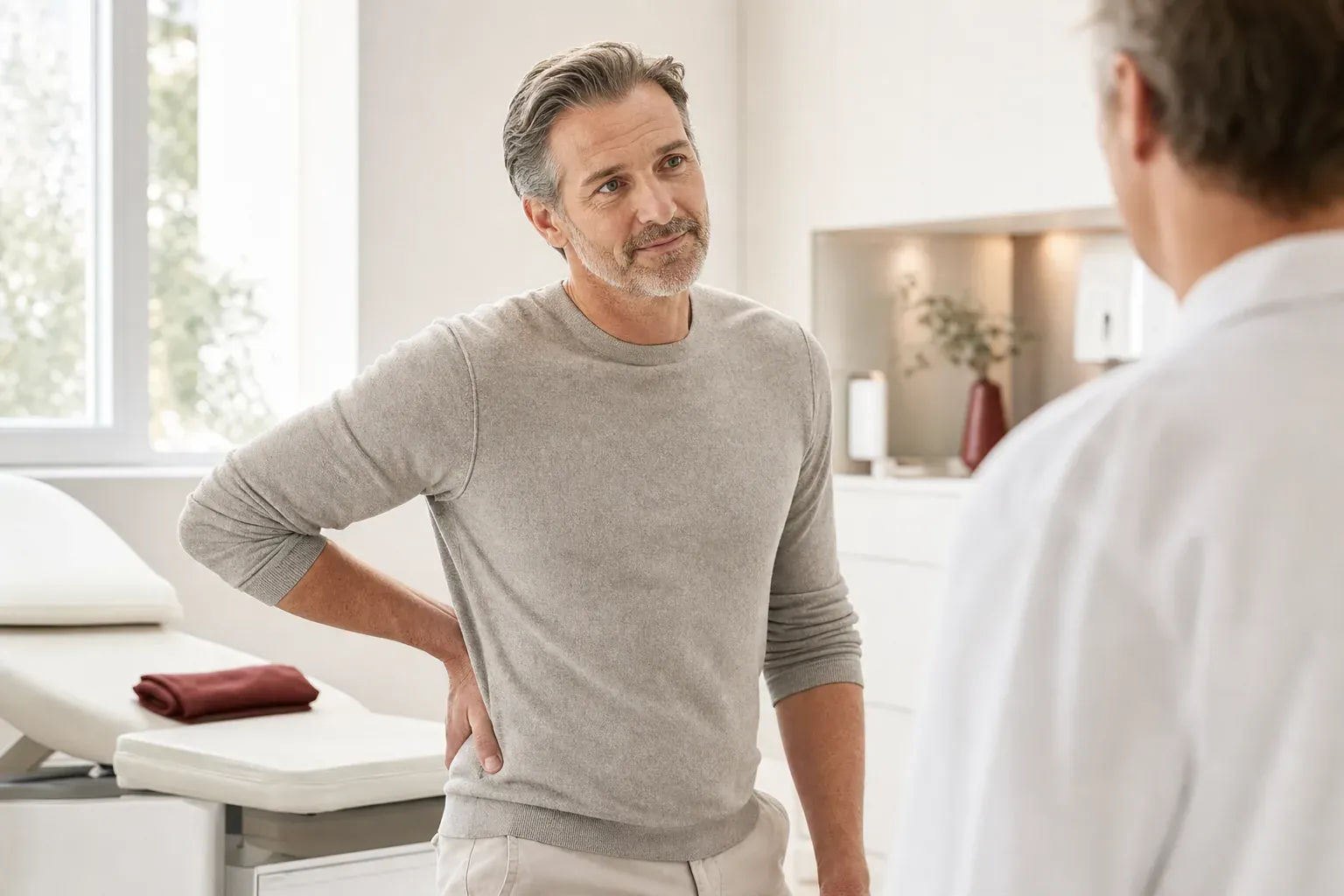A man holds his lower back while talking to a doctor