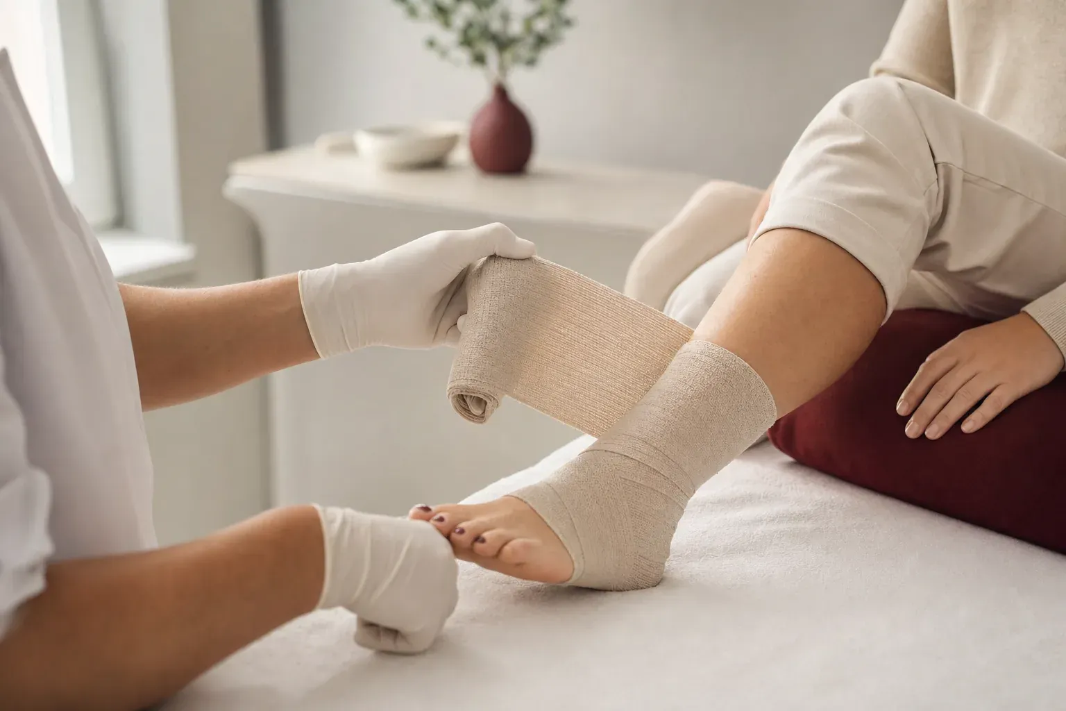 A doctor wraps a patient’s ankle with an elastic bandage