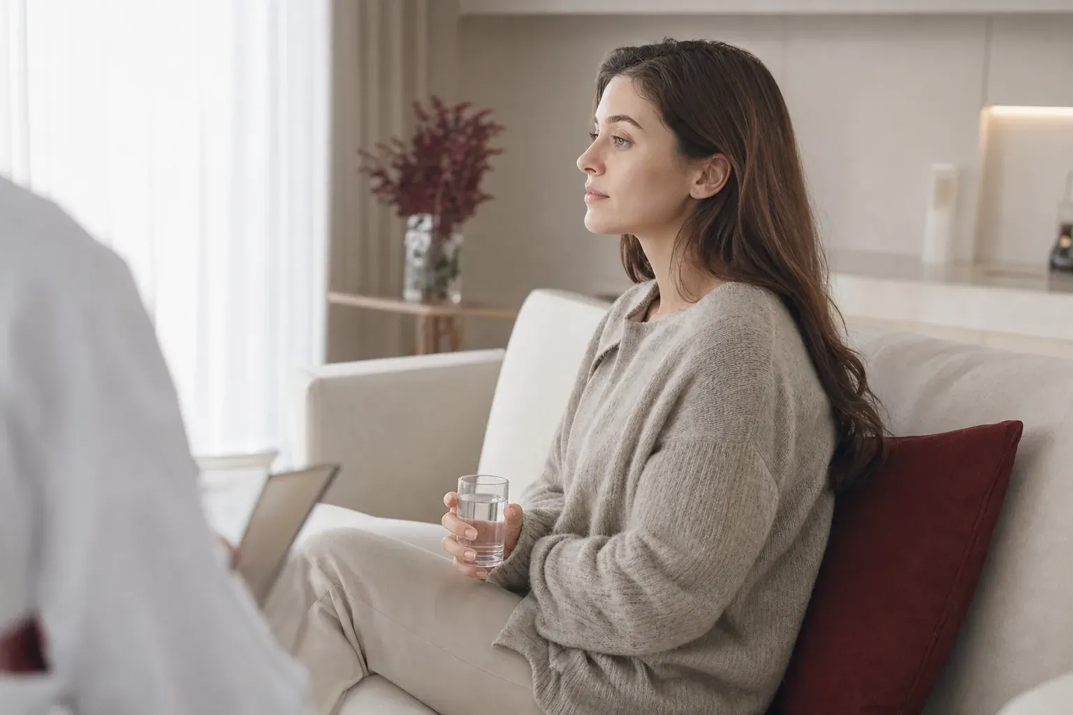 A woman sits calmly on a sofa holding a glass of water