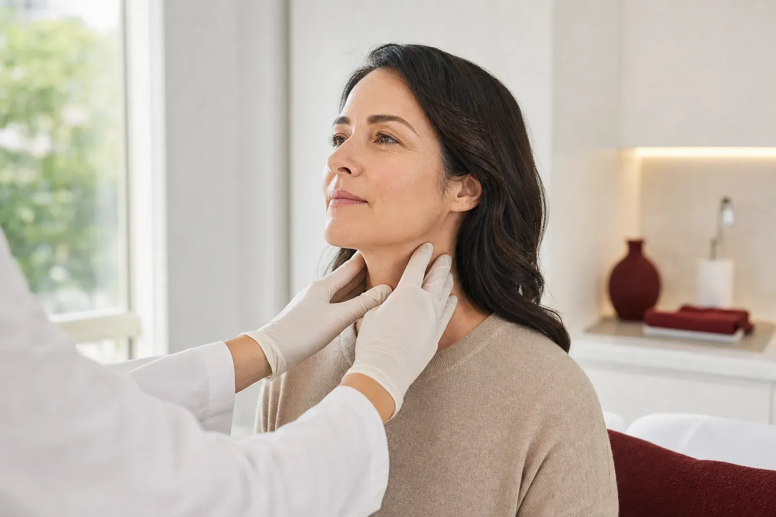 A doctor palpates the thyroid gland on a woman’s neck
