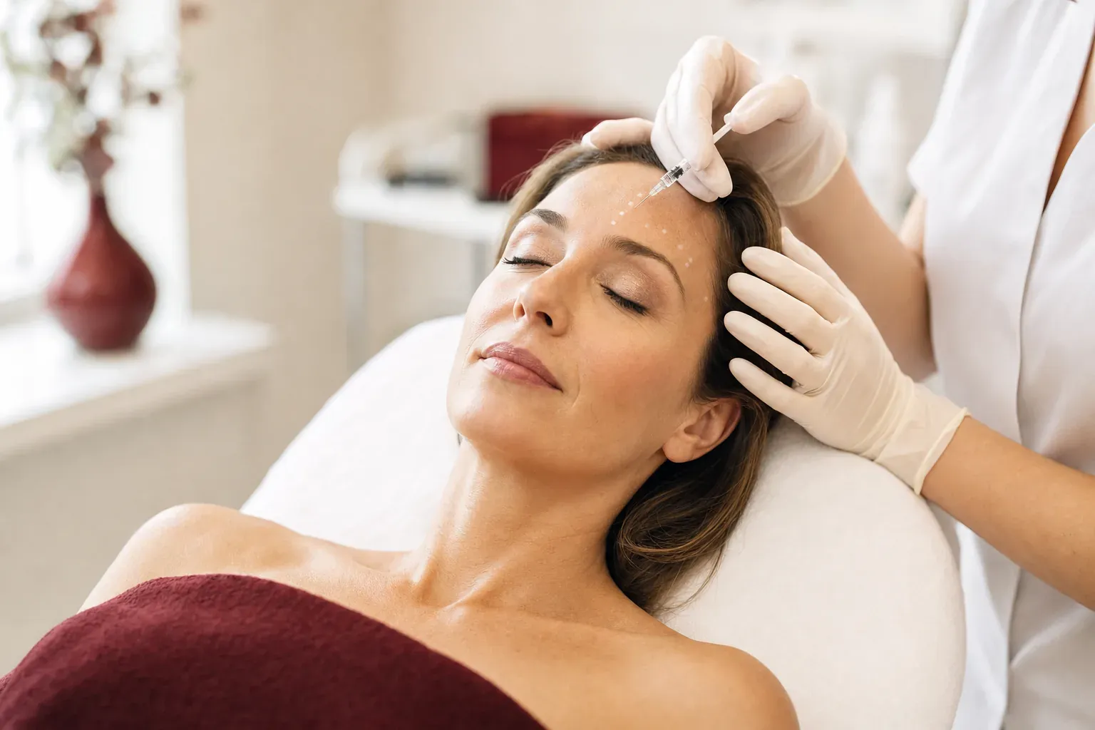 A cosmetic doctor makes a fine-needle injection into the forehead of a woman lying with her eyes closed