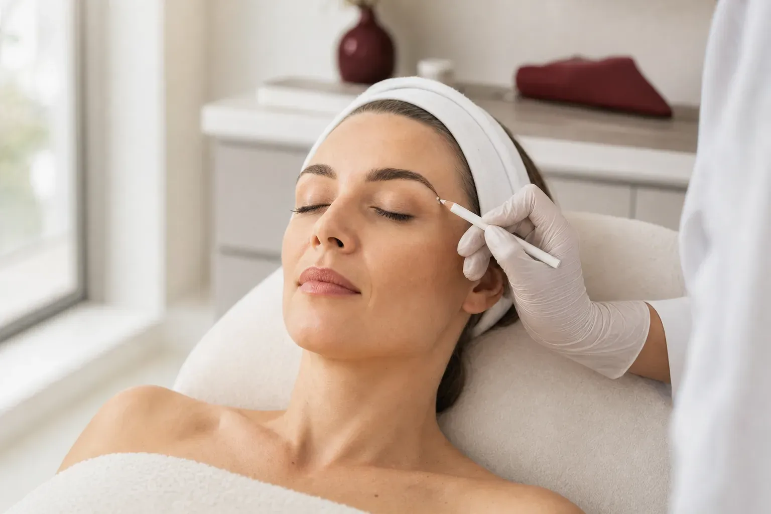 A cosmetic doctor marks a point above the tail of the eyebrow