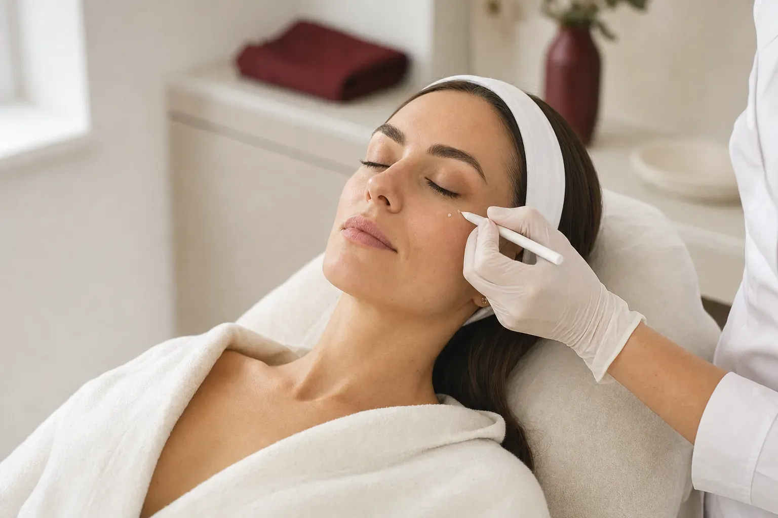 A cosmetic doctor marks points on the cheekbone before a filler treatment