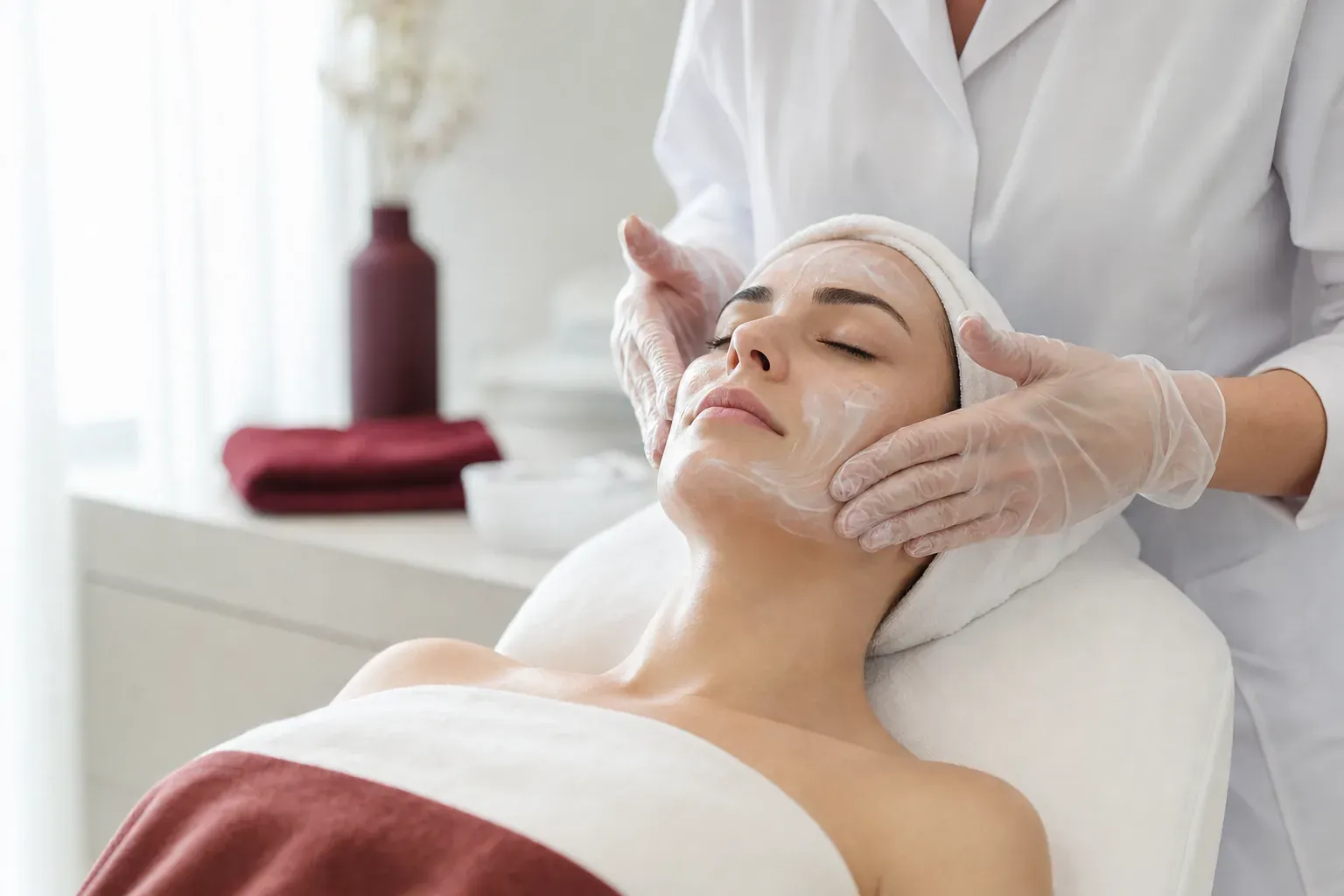A cosmetologist gives a woman a facial massage with a light cream