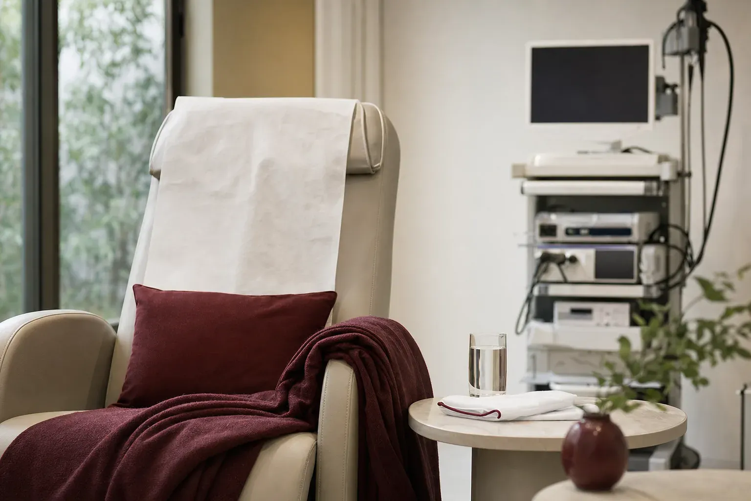 A recovery chair with a blanket after endoscopy, a glass of water and an endoscopy tower nearby