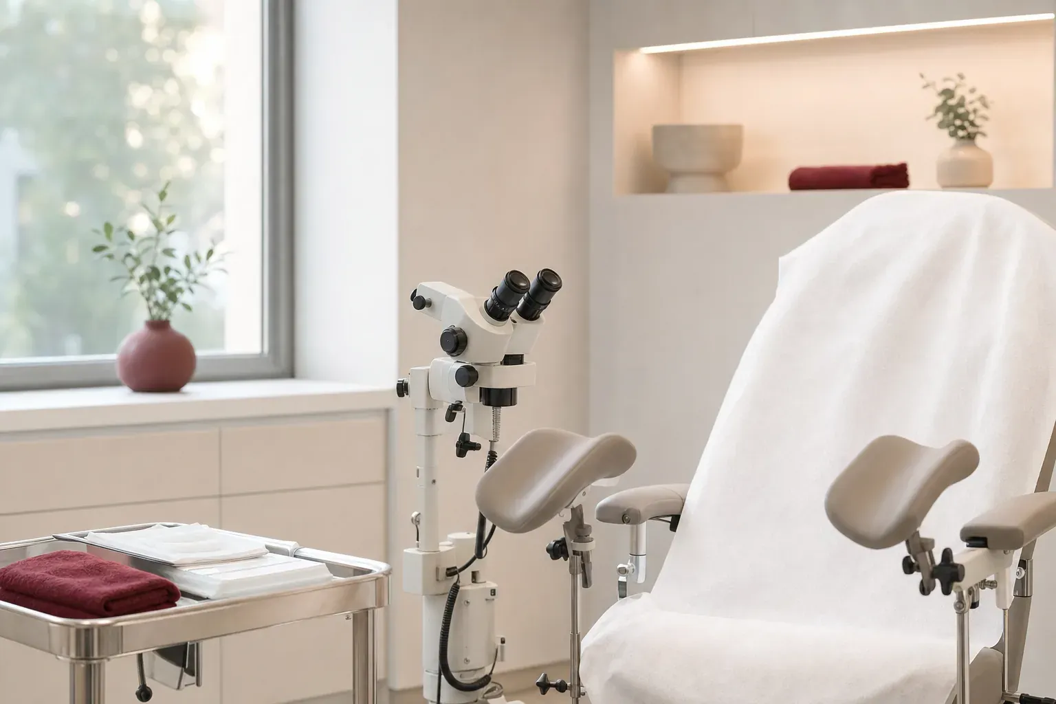A colposcope on an articulated arm next to a gynecological chair