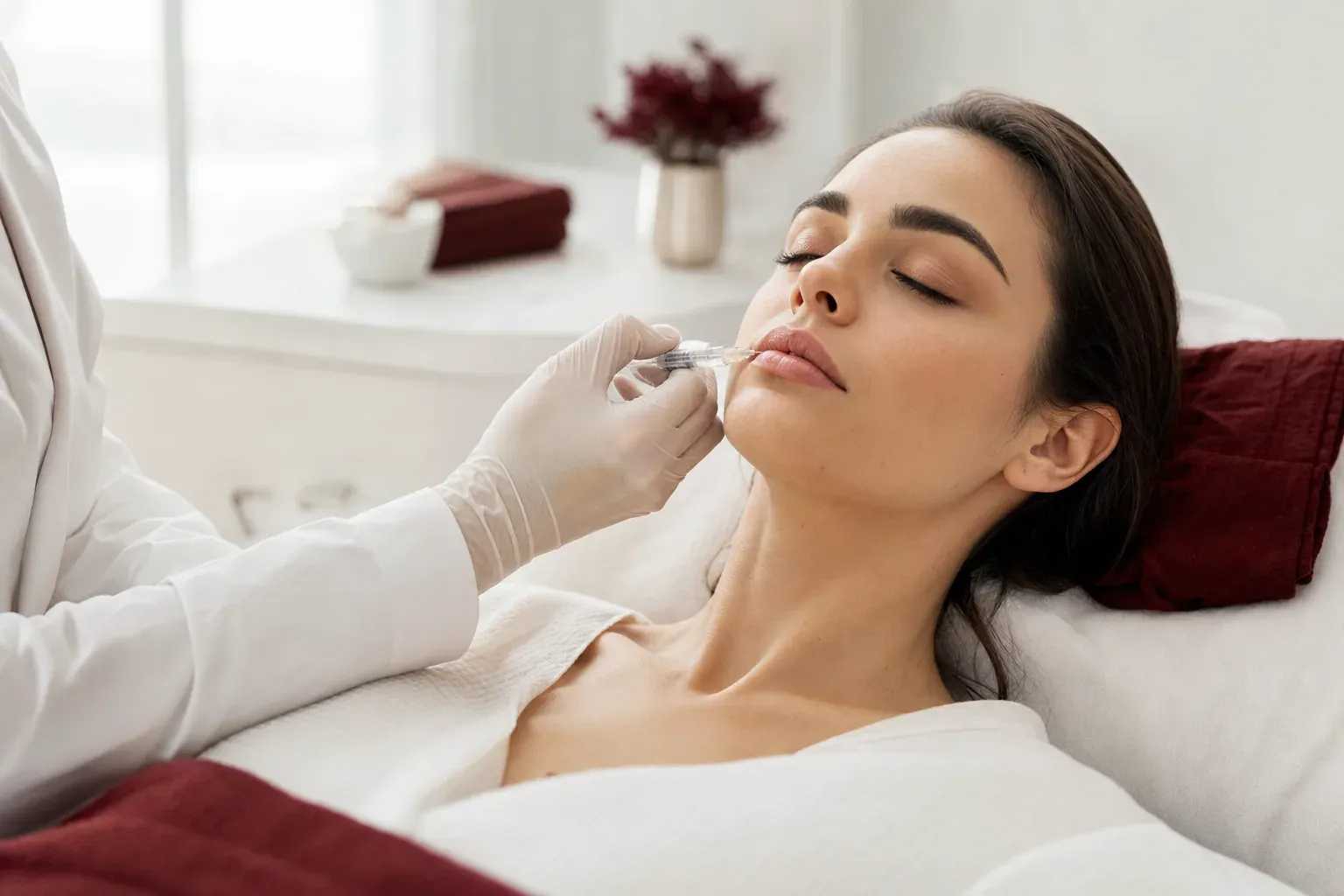 A cosmetic doctor injects lip filler with a fine needle