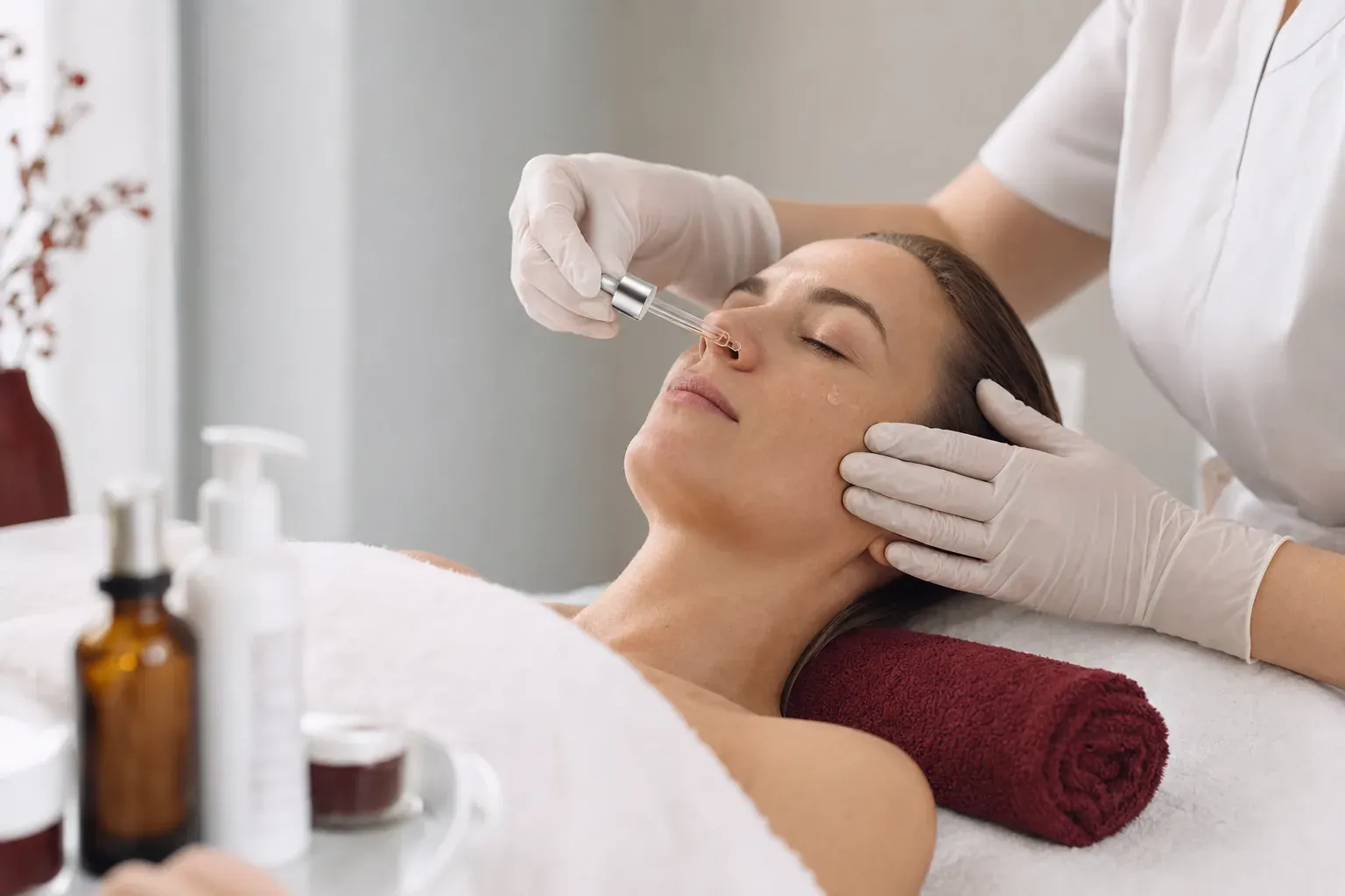 A cosmetologist applies serum with a dropper to a woman’s face