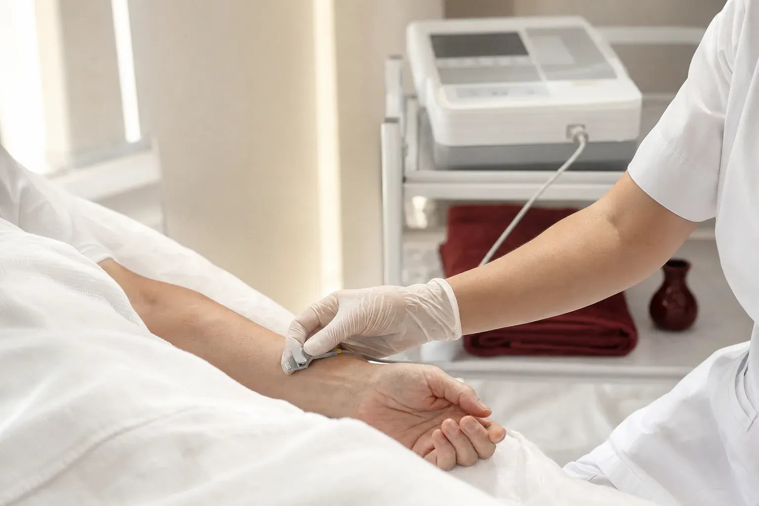 A nurse checks an ECG electrode on a patient’s wrist, with an electrocardiograph nearby