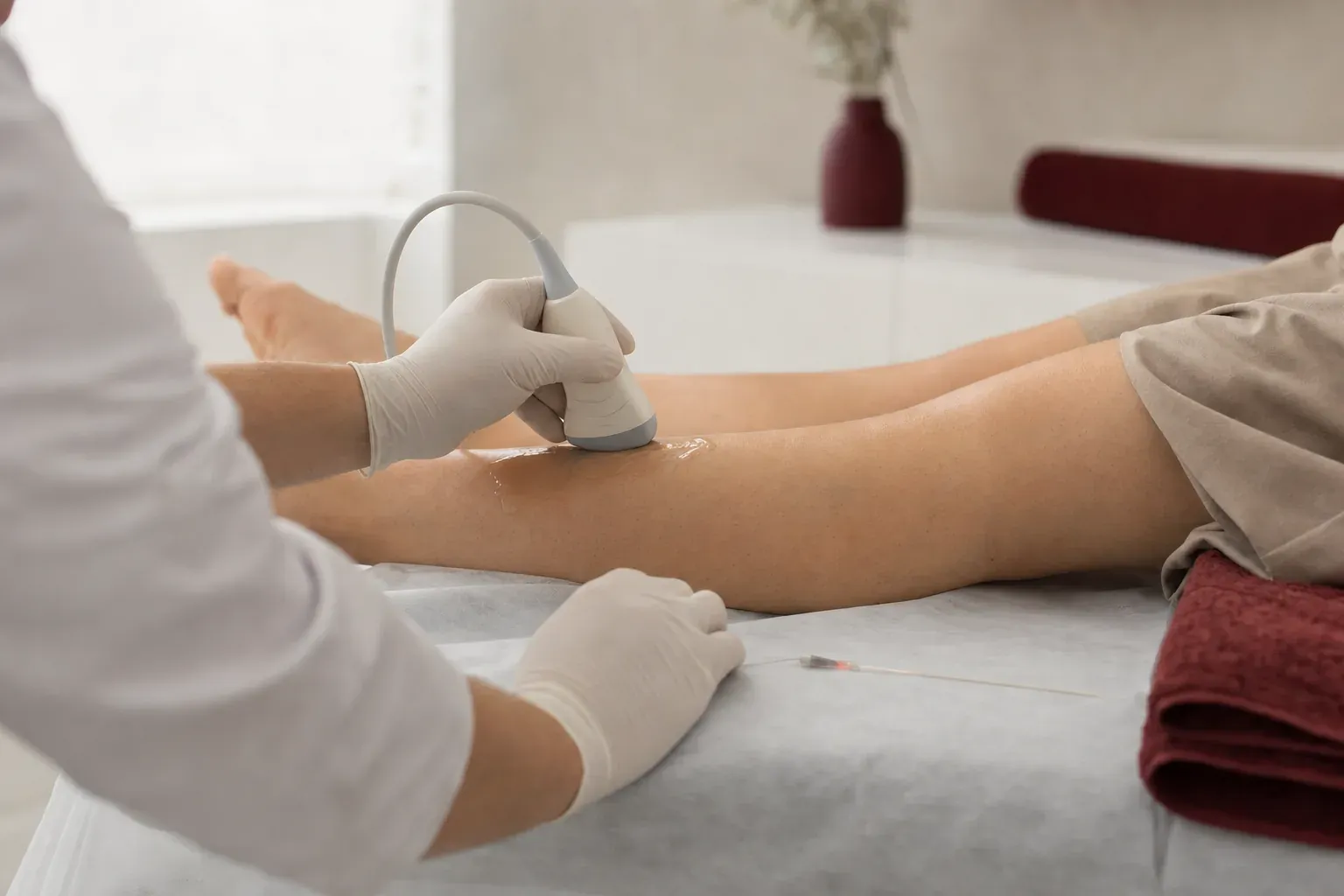 A doctor moves an ultrasound probe along a patient’s lower leg, with a thin laser fibre on a sterile drape