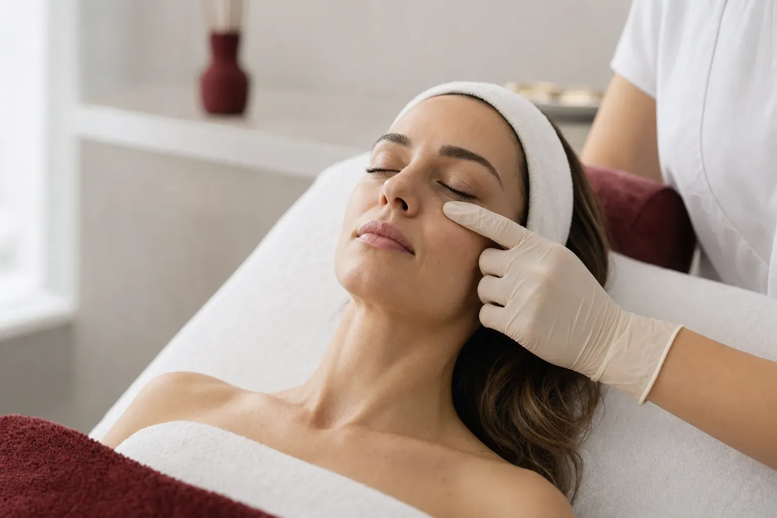 A cosmetic doctor examines the under-eye area before the procedure