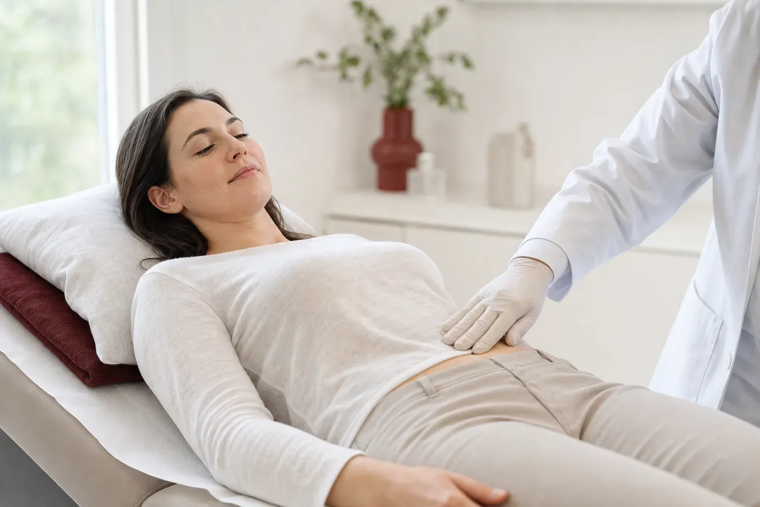 A doctor gently examines the abdomen of a woman lying on a couch