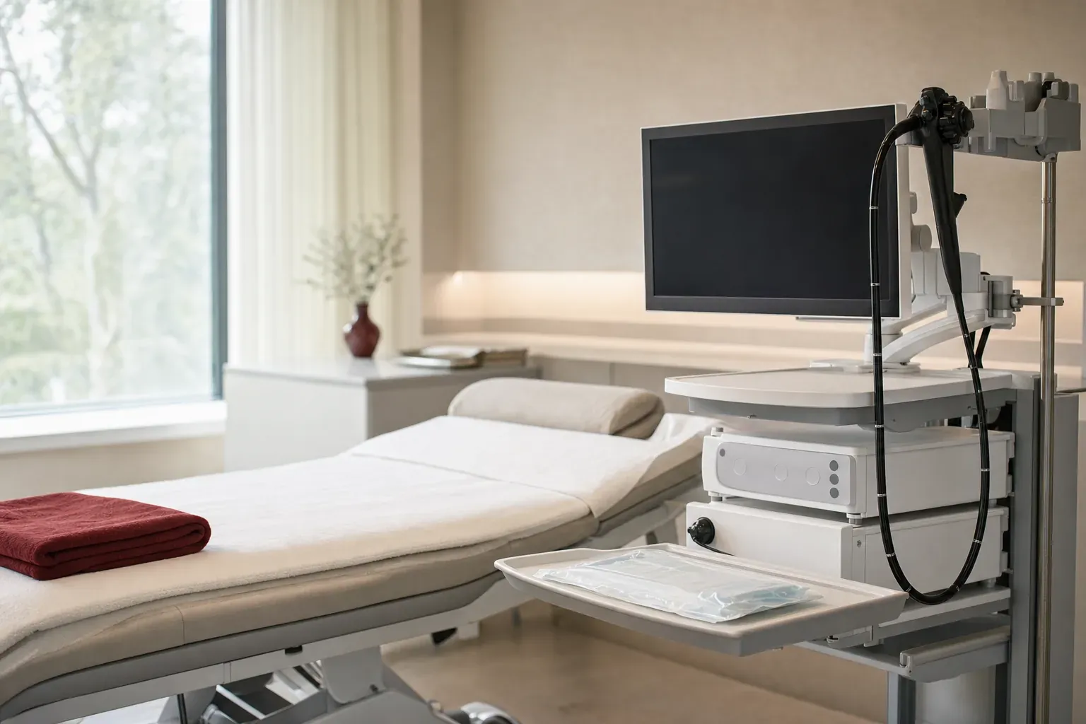An endoscopy room with a couch, an endoscope on its tower and a single-use mouthguard on a tray