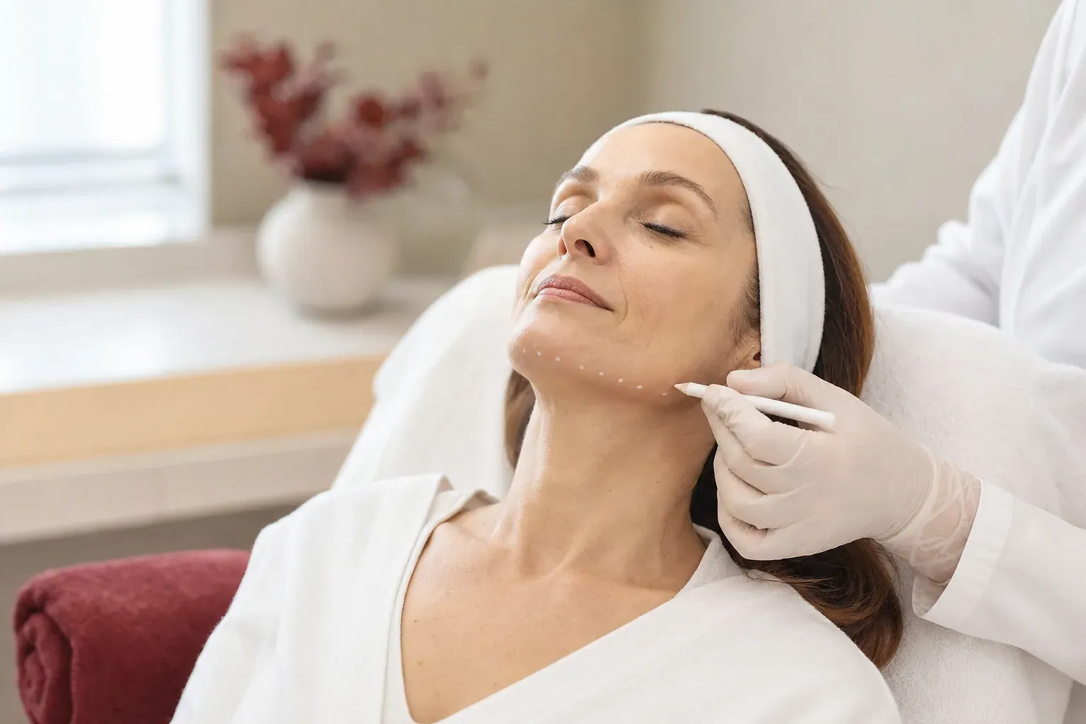 A cosmetic doctor marks points along the jawline
