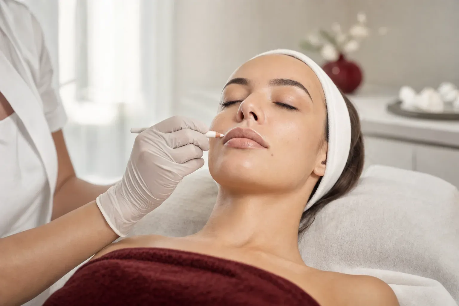 A cosmetic doctor marks the upper lip contour before a filler treatment