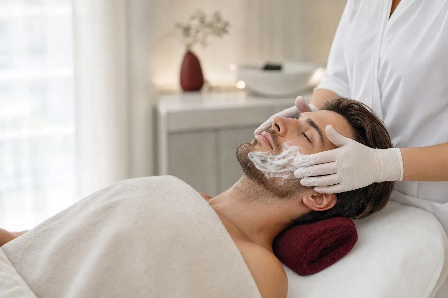 A cosmetologist applies cleansing foam to a man’s face