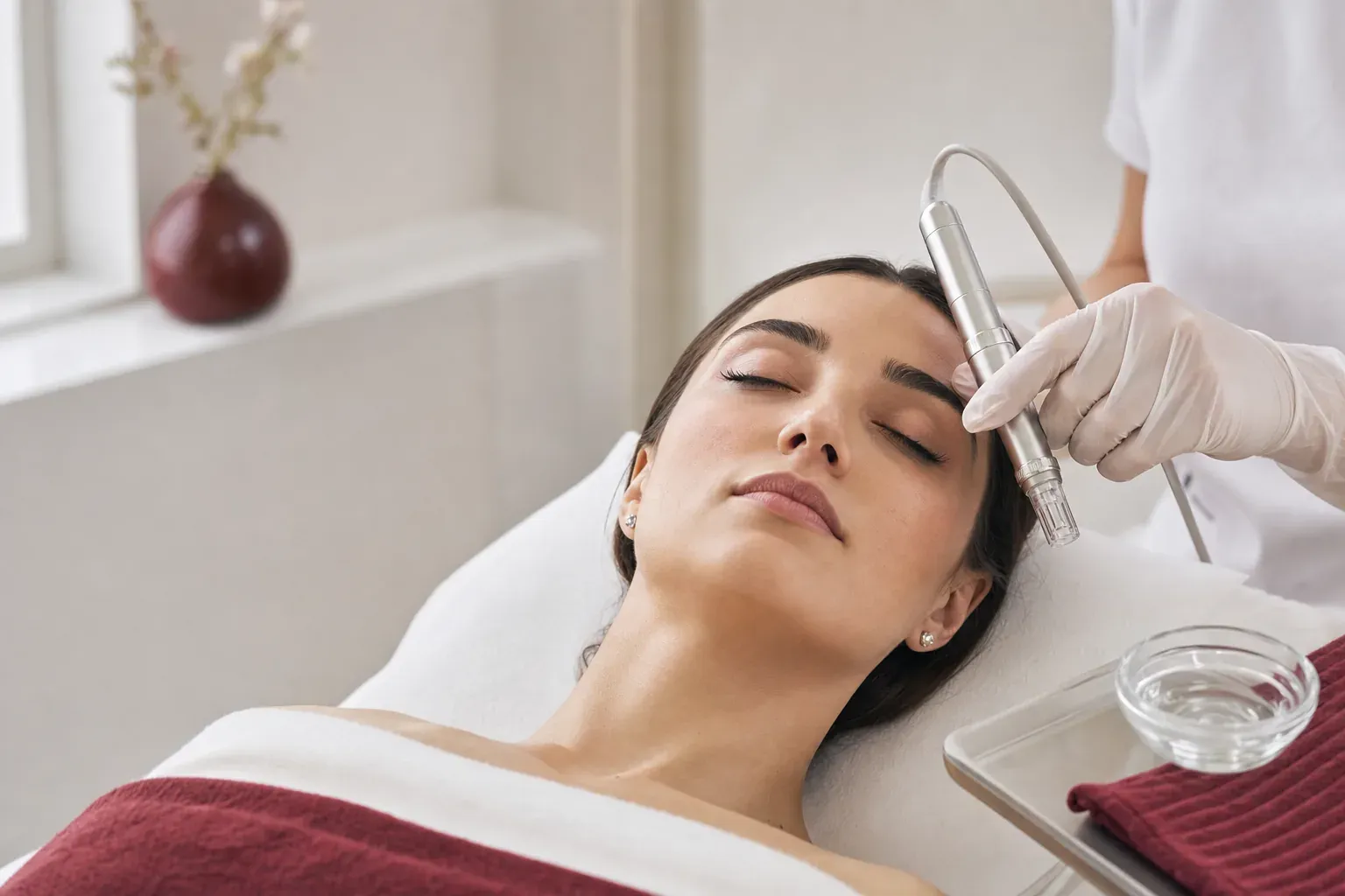 A cosmetologist performs mesotherapy with a pen device on a woman’s face