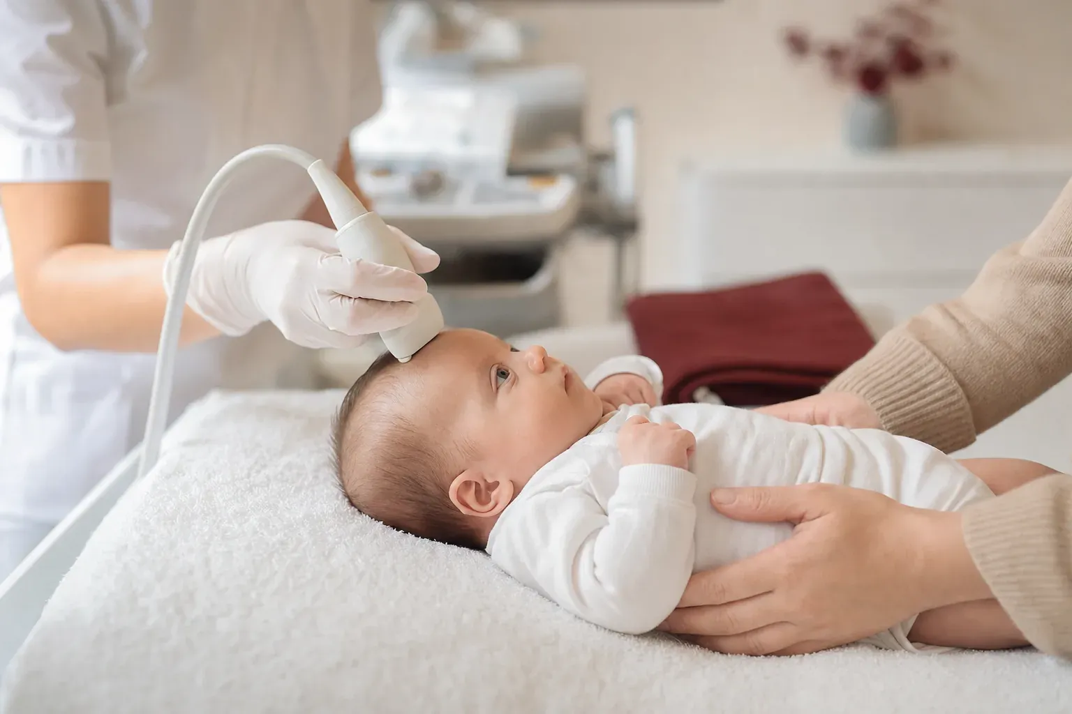 A baby lies on a blanket while a doctor places a small ultrasound probe on the soft spot of the head