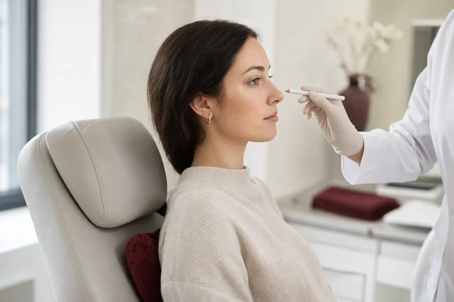 Side profile of a patient during a consultation on non-surgical nose reshaping
