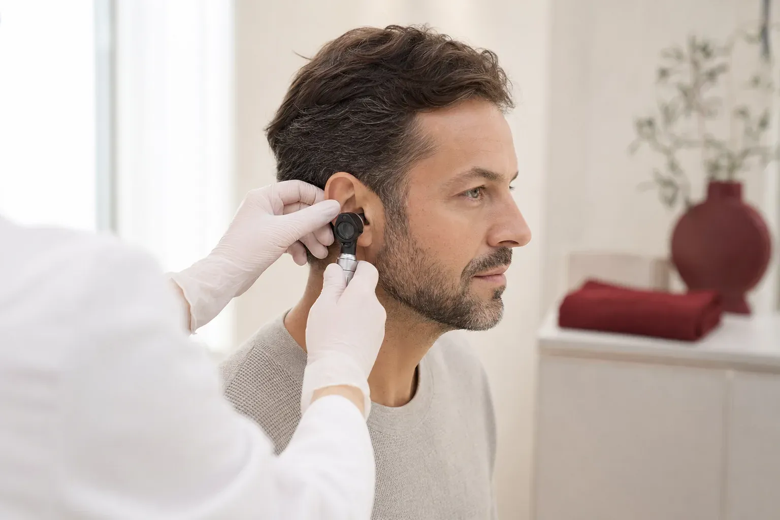 A doctor examines an adult man’s ear with an otoscope