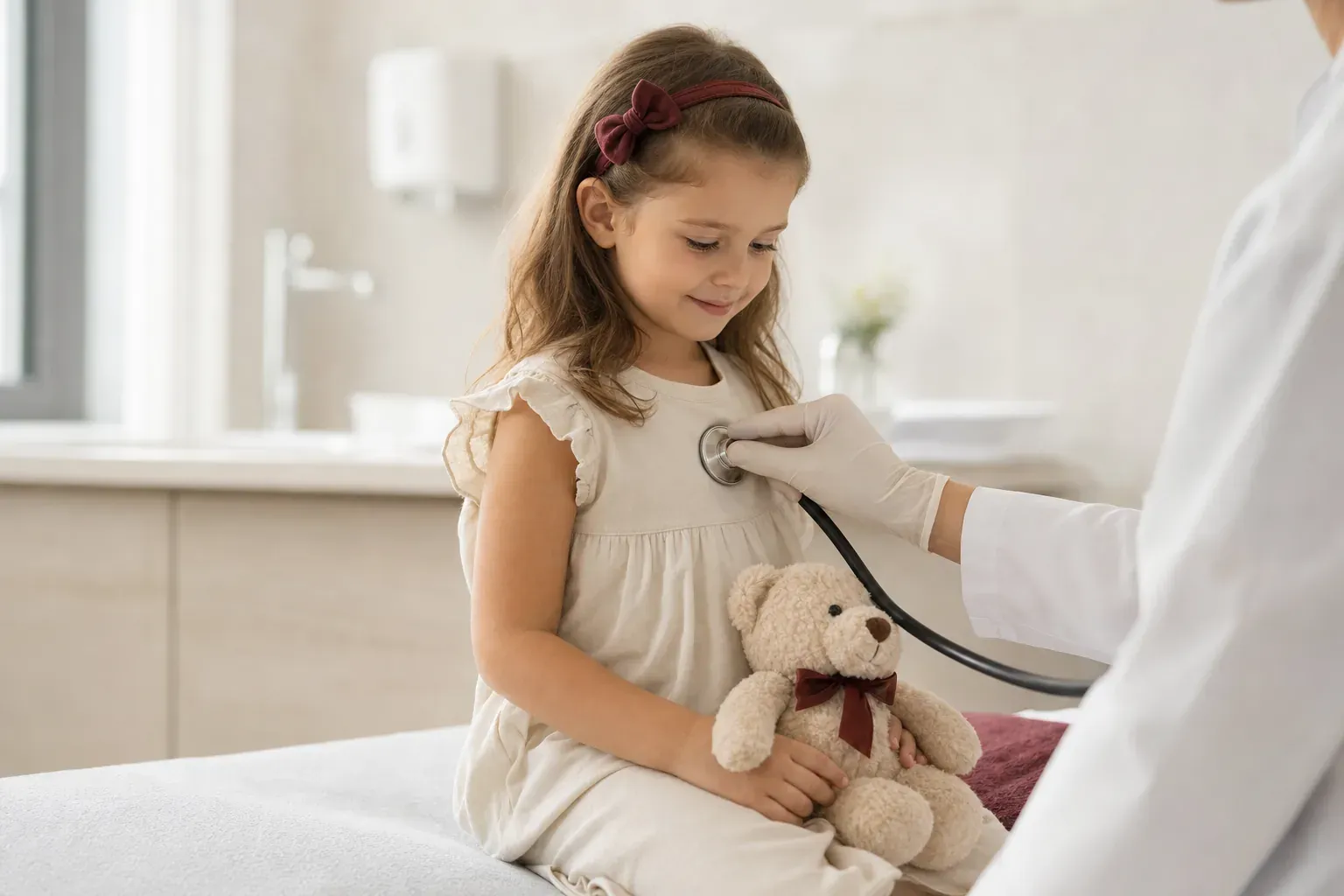 A doctor listens with a stethoscope to a girl holding a teddy bear