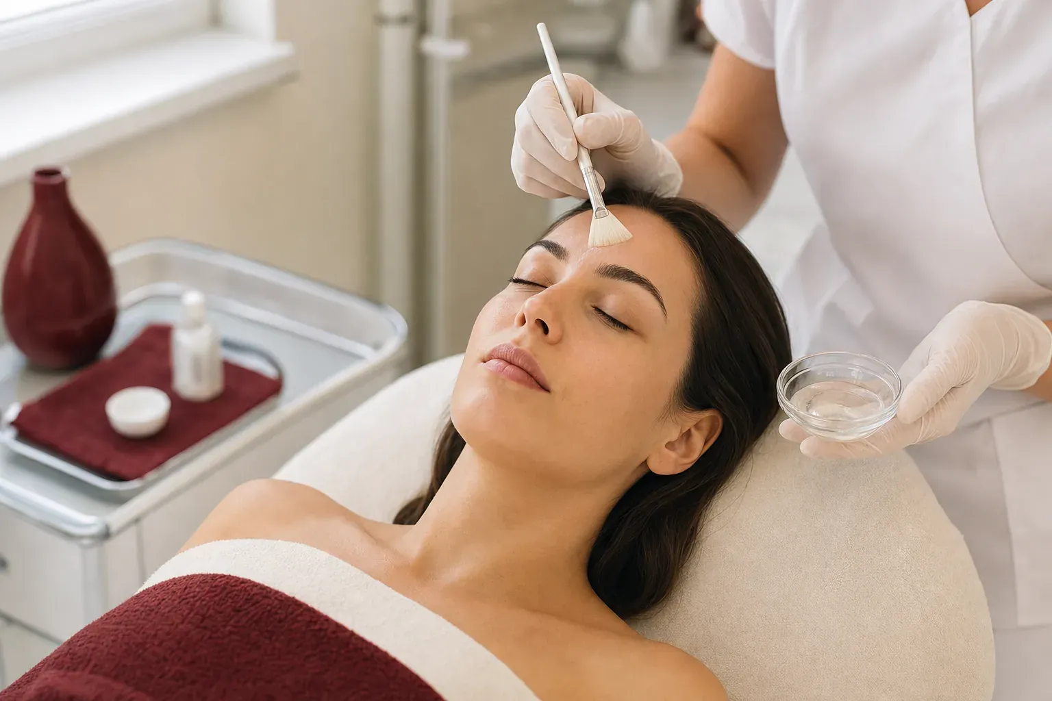 A cosmetologist brushes a peel solution onto a woman’s forehead