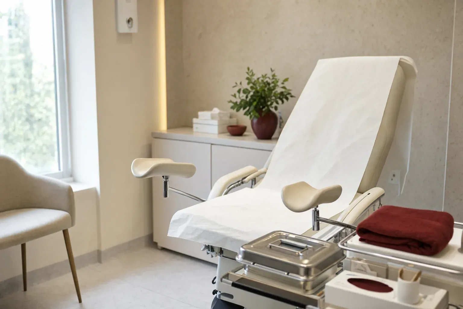 A proctology room with an examination chair covered by a disposable sheet and a sterile tray