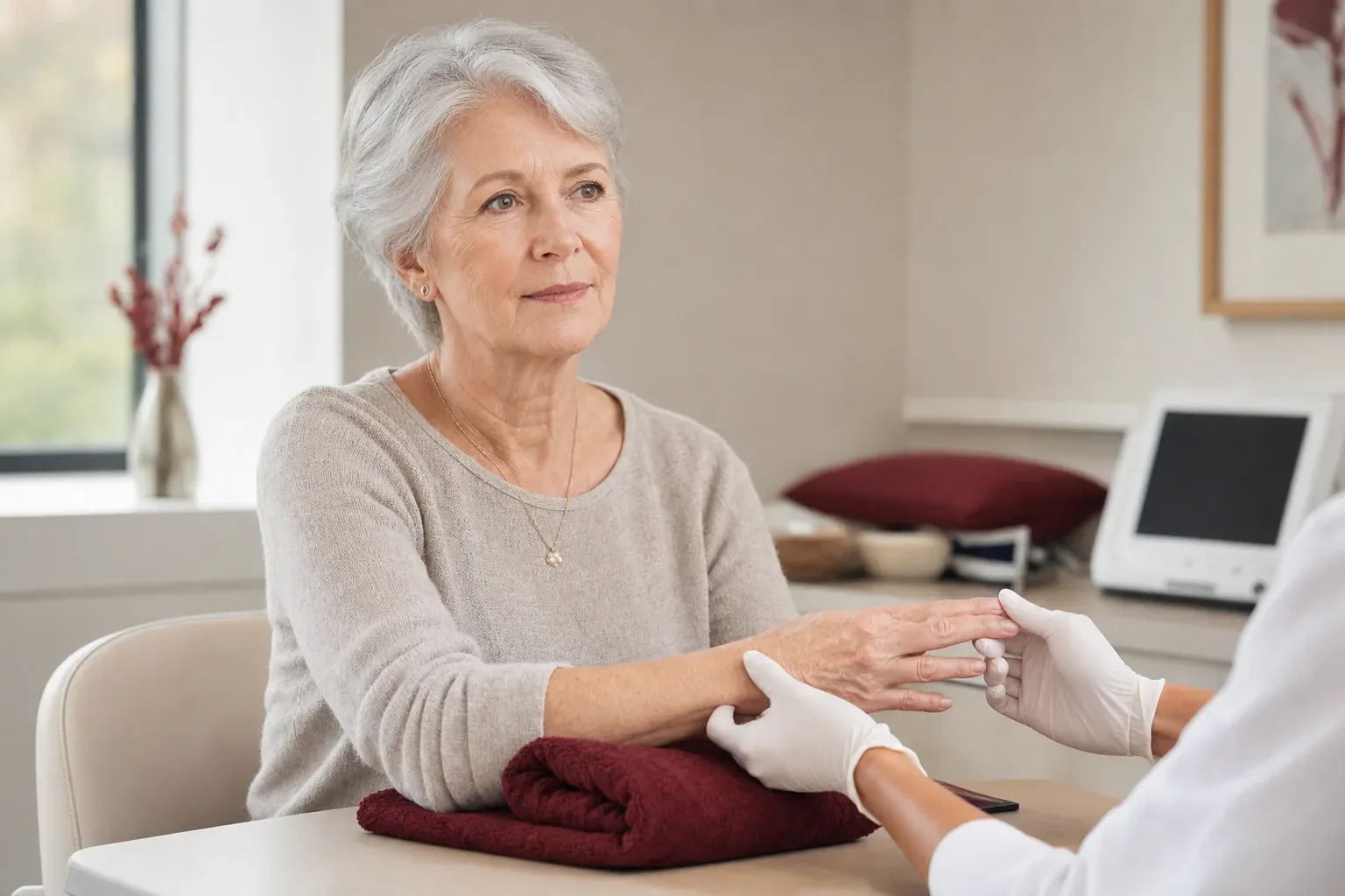 A gloved doctor examines the finger and wrist joints of an older woman