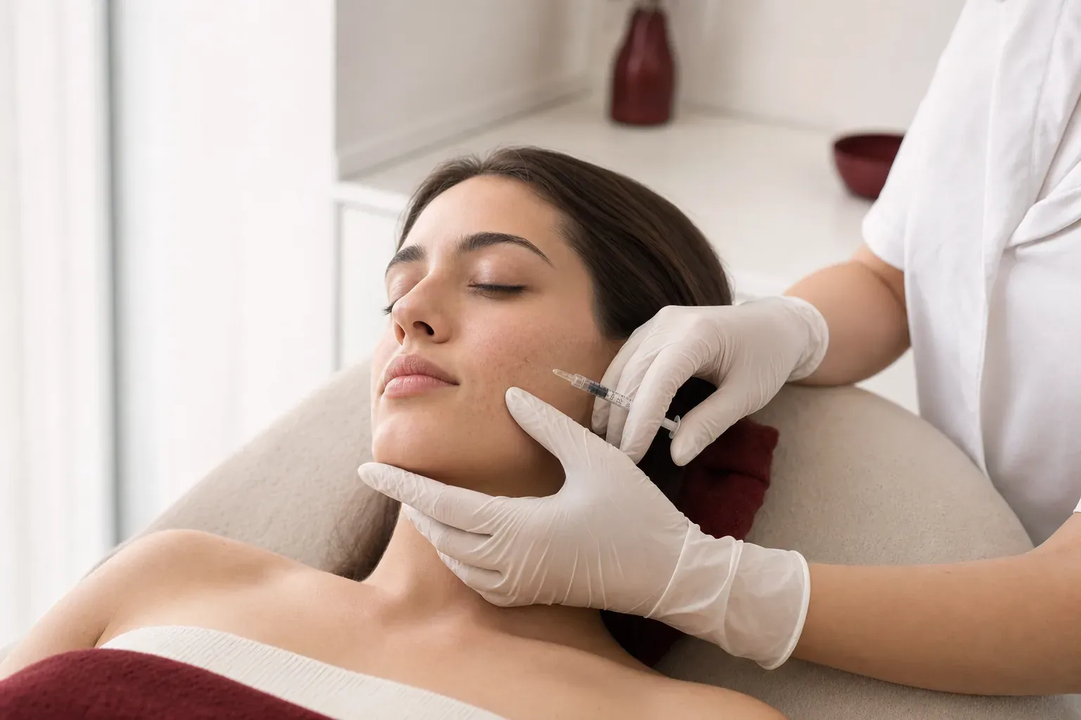 A cosmetic doctor makes a micro-injection near a scar on a woman’s cheek