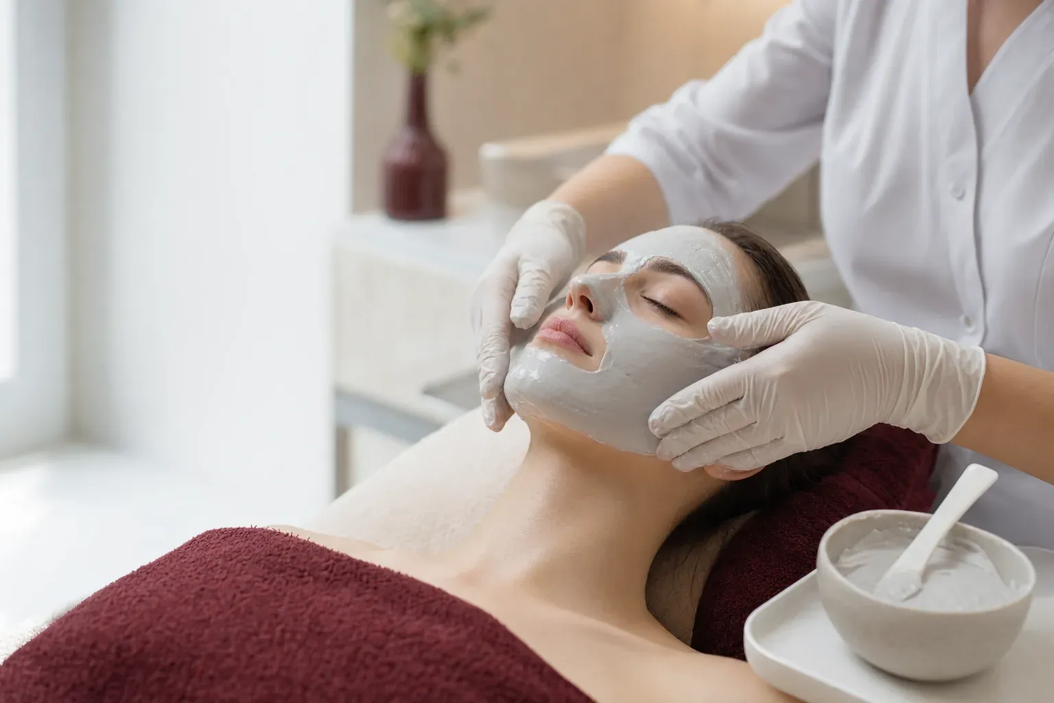 A cosmetologist smooths an alginate mask over a woman’s face
