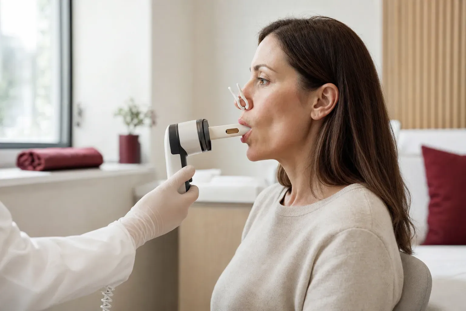 A woman with a nose clip breathes out into a spirometer mouthpiece