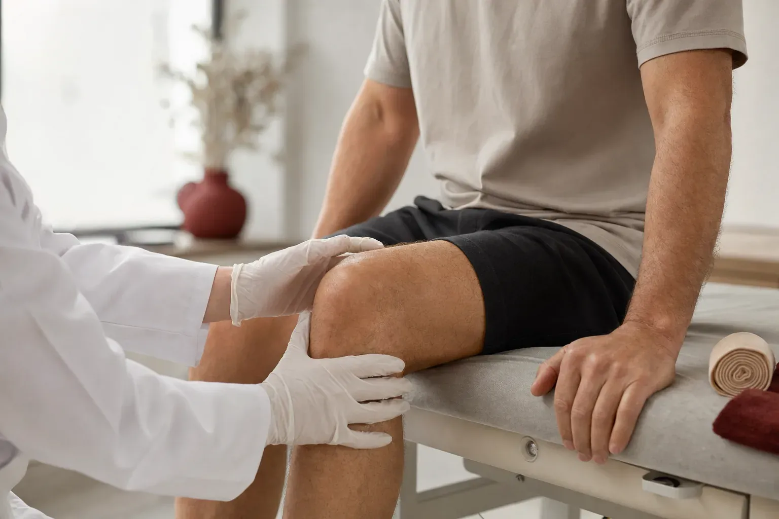 A gloved doctor examines the knee of a patient sitting on a couch