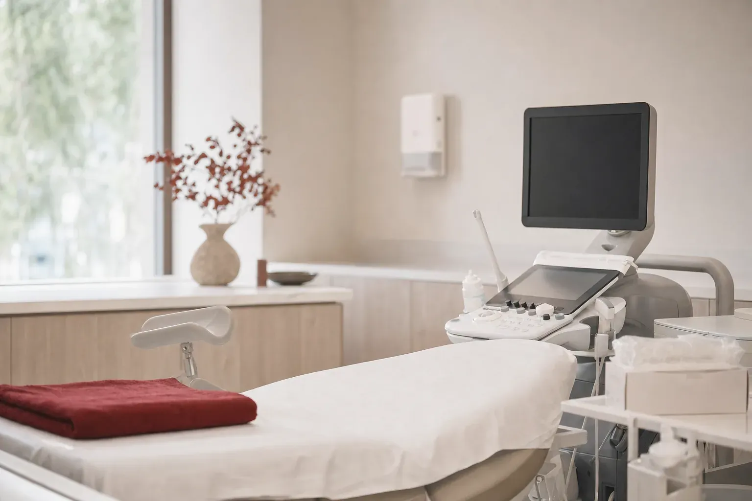 An ultrasound room with a made examination couch and an ultrasound machine
