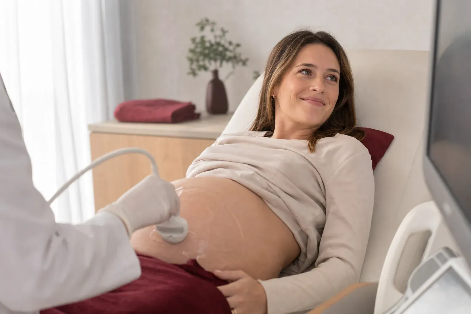 A smiling pregnant woman on a couch while a doctor moves an ultrasound probe over her belly