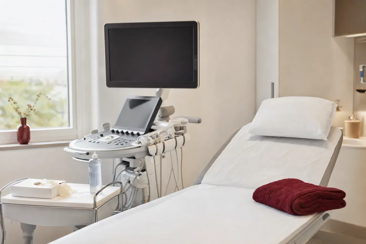 An ultrasound room with an ultrasound machine and a made couch