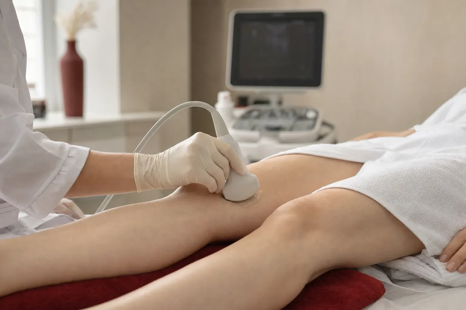 A doctor moves an ultrasound probe along a patient’s leg near the knee to examine the veins