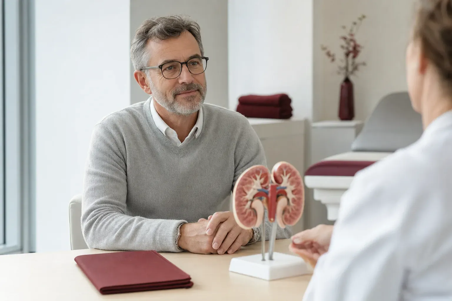 A middle-aged man at a consultation, with a kidney model on the desk